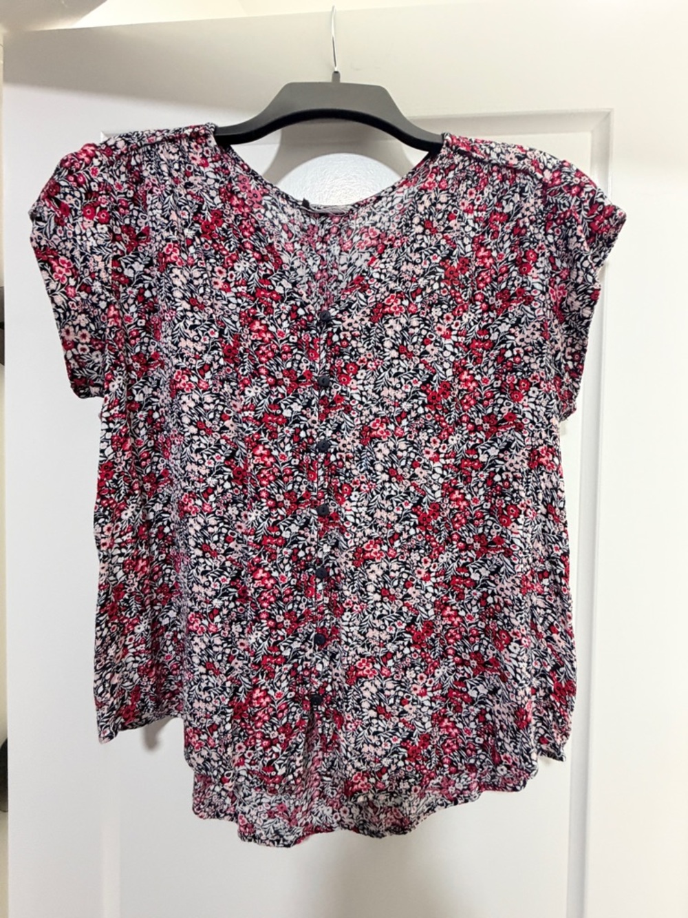 Floral Short-Sleeve V-Neck Top - Pink/Black
